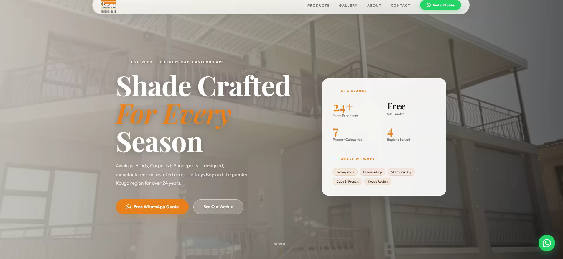 4 Seasons Awnings website screenshot - warm orange hero with awnings photography