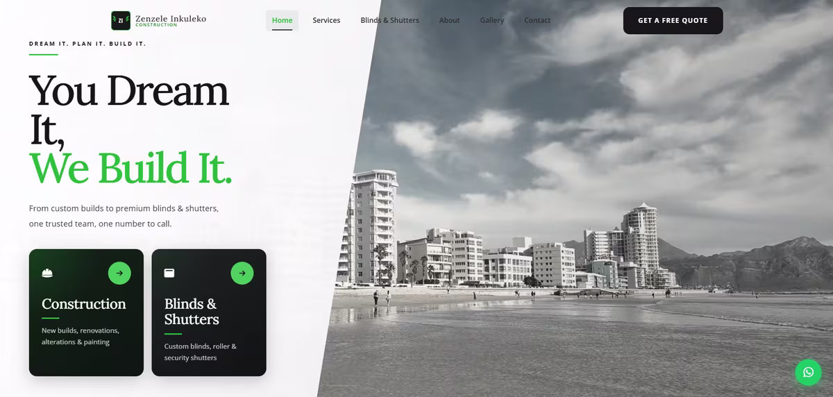 ZI Construction website screenshot - construction and blinds and shutters company homepage with green accents